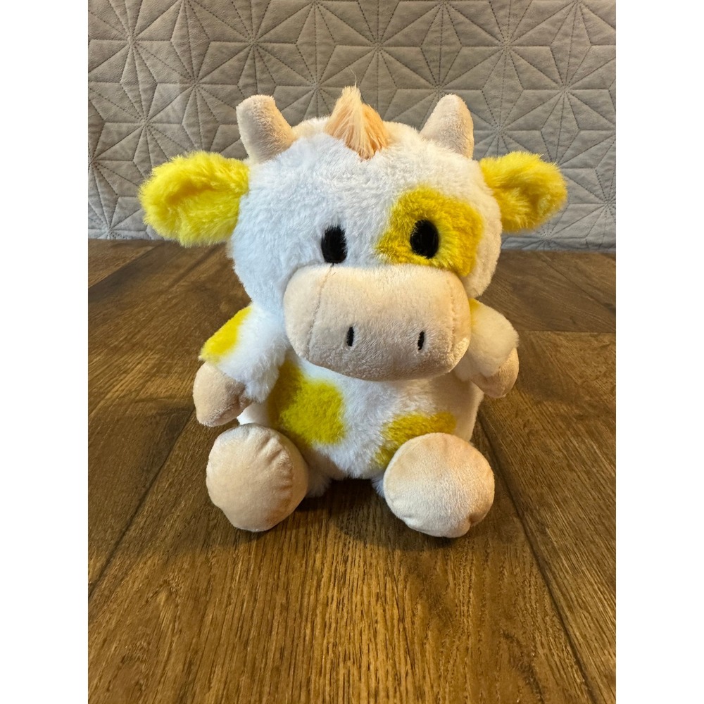Cute & Cuddly Yellow Flower Cow Plush Toy Stuffed Animal Embroidered Eyes 8 Inch